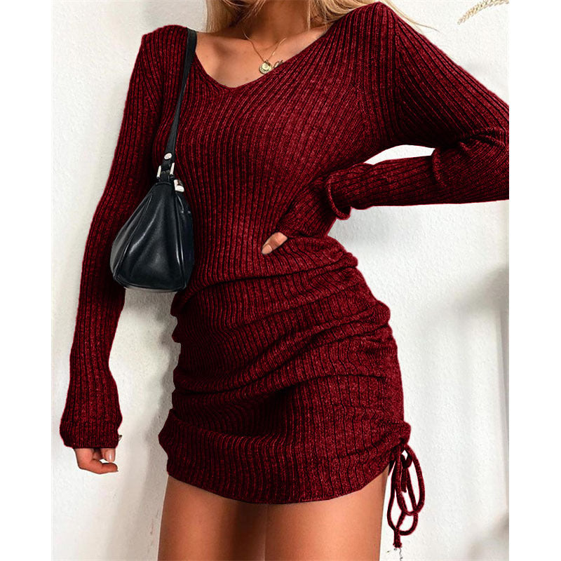 Women's Figure-Hugging Rib Knit Mini Dress with Long Sleeves and Side Gathering Mune Fashion