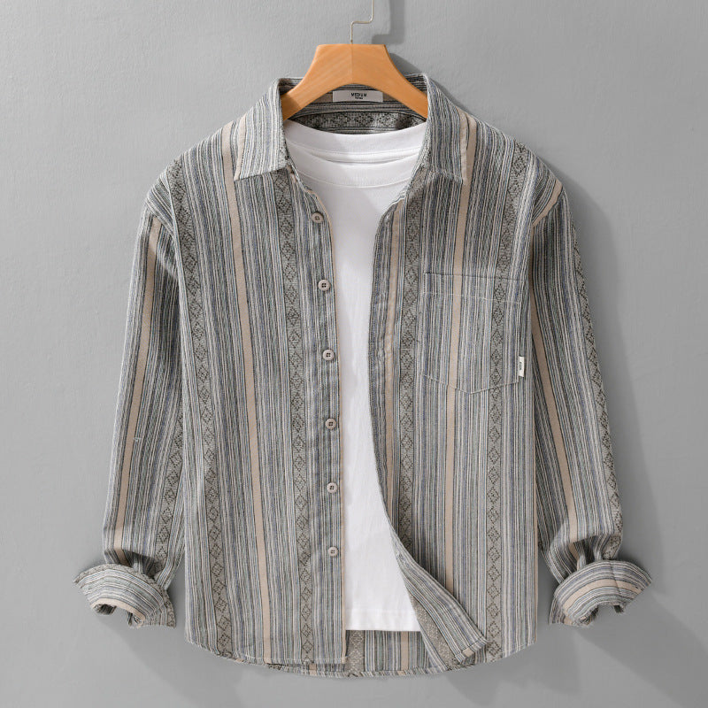 Men's Lightweight Striped Cotton-Linen Shirt in Ethnic Stripe Pattern Mune Fashion
