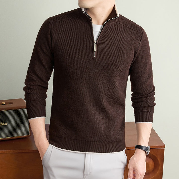 Men's Half-Zip Knit Sweater with Textured Knit and Contrasting Stand Collar Mune Fashion
