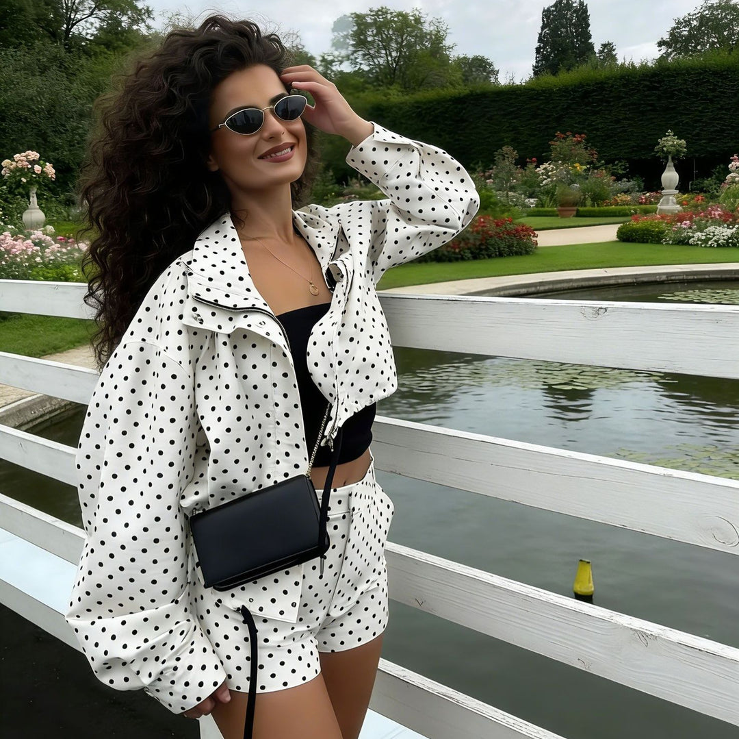 Women's Polka Dot Cropped Blouson Jacket with Stand Collar and Drawstring Mune Fashion