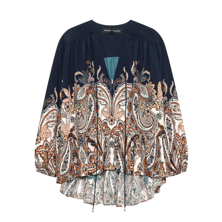Women's Boho Paisley Blouse with V-neck, gathered shoulders and drawstring hem Mune Fashion