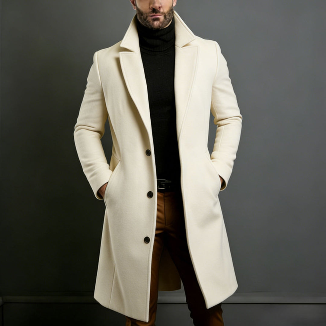 Men's Elegant Single-Breasted Long Coat Made of Wool Blend with Slim Silhouette and Lapel Collar Mune Fashion