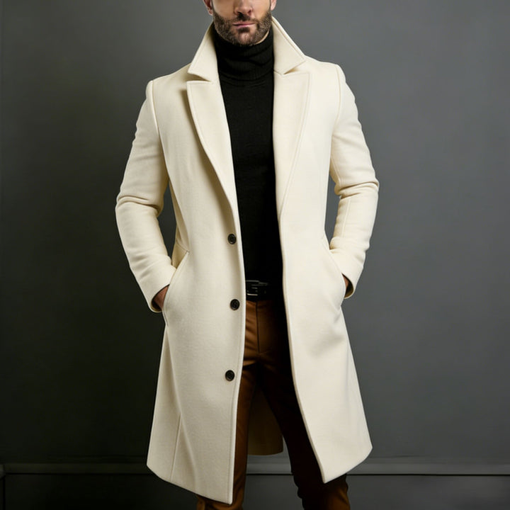 Men's Elegant Single-Breasted Long Coat Made of Wool Blend with Slim Silhouette and Lapel Collar Mune Fashion