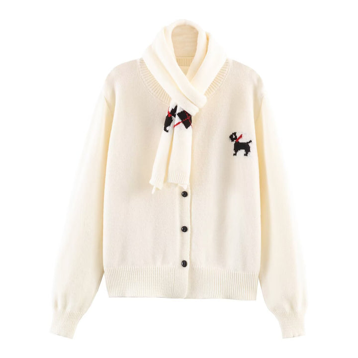 Women's Knitted Short Jacket with Integrated Scarf and Dog Intarsia Mune Fashion