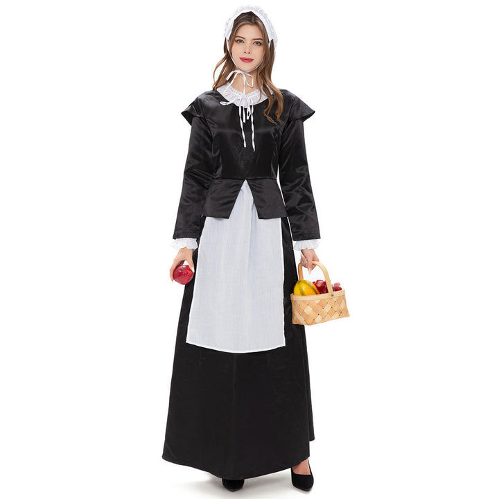 Women's historical pilgrim costume with long skirt, gathered blouse, removable apron, and hood Mune Fashion