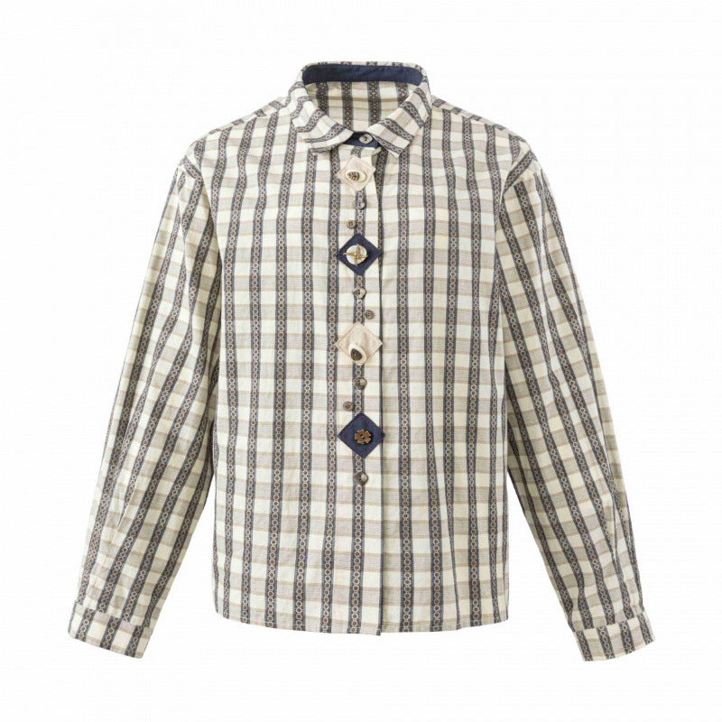 Women's Boxy Shirt Jacket with Geometric Check Pattern and Decorative Button Placket Mune Fashion