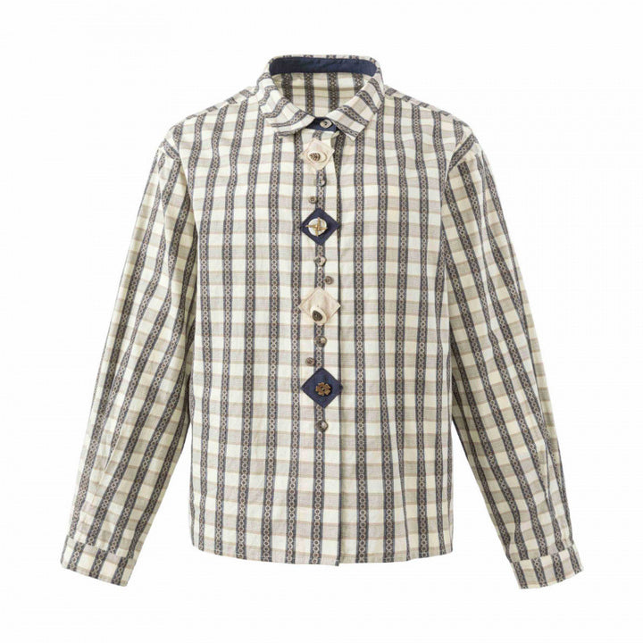 Women's Boxy Shirt Jacket with Geometric Check Pattern and Decorative Button Placket Mune Fashion