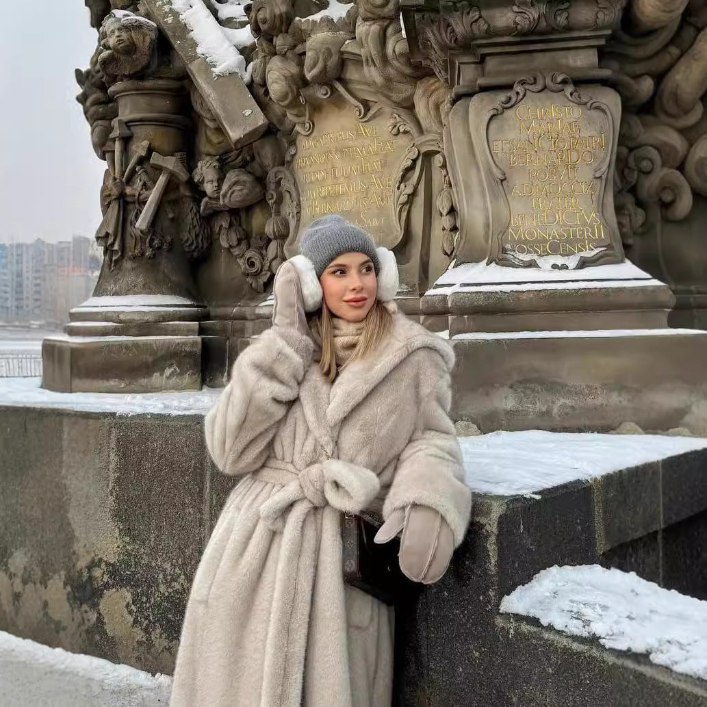 Women Longer Teddy Faux Fur Coat with Tie Belt and Oversized Silhouette Mune Fashion