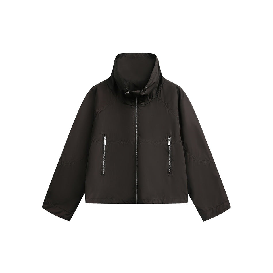 Women Lightweight Cropped Transition Jacket with High Stand Collar and Zipper Pockets Mune Fashion