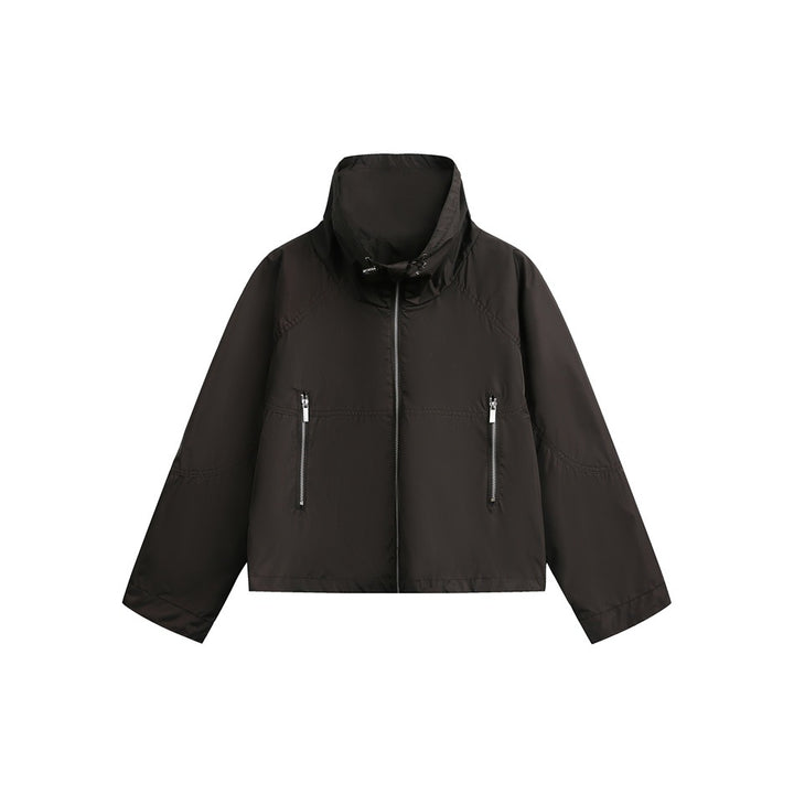 Women Lightweight Cropped Transition Jacket with High Stand Collar and Zipper Pockets Mune Fashion