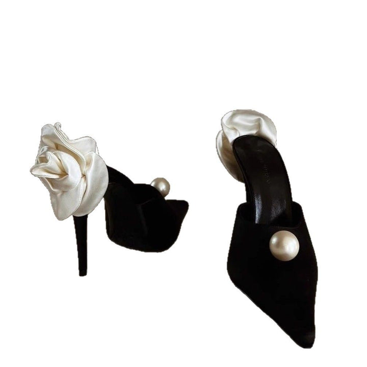 Women's Lace Satin Flower Stiletto Mules with Pearl Application Mune Fashion