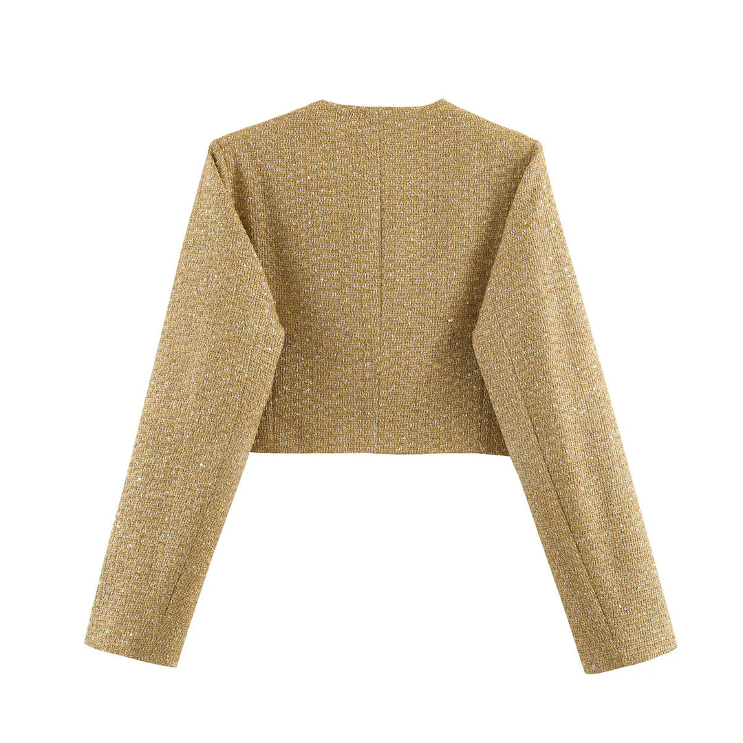 Women's Short Boucle Blazer Jacket with Round Neck and Decorative Button Mune Fashion