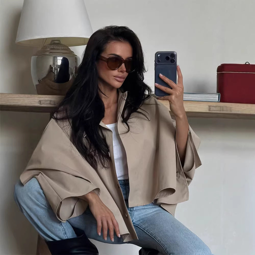 Women's Oversized Cropped Jacket with Voluminous Bat Sleeves and Shirt Collar Mune Fashion