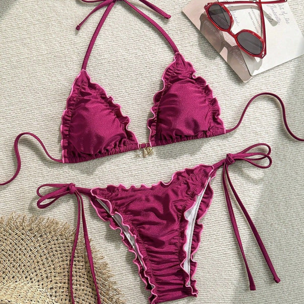 Ladies Triangle Bikini with Ruffle Design and Adjustable Straps Mune Fashion