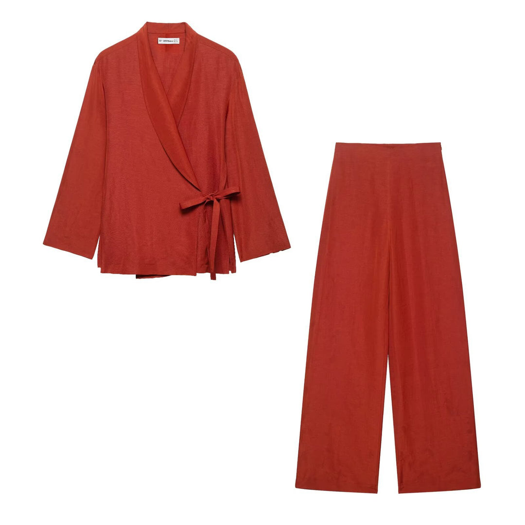 Ladies Wrap Kimono Set with Waist Tie and Wide Palazzo Pants Mune Fashion