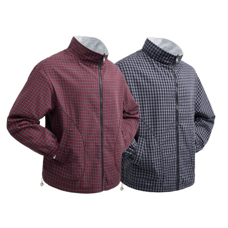 Men's checked lightweight transitional jacket with stand-up collar, zipper and drawstring hem Mune Fashion