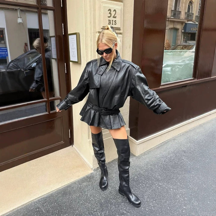 Ladies Oversize Leather Jacket with Tailoring Tie Belt and Ruffle Hem Mune Fashion
