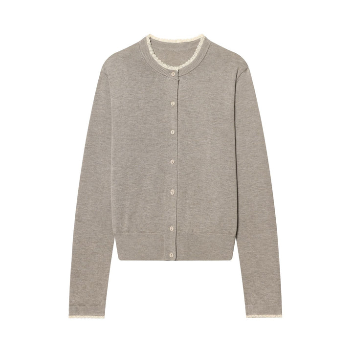 Women's short-cut fine-knit cardigan with round neckline, continuous button placket, and delicate lace edge Mune Fashion