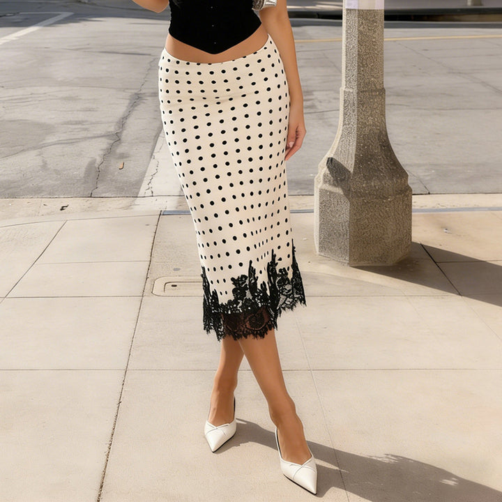 Women's Tailored A-Line Midi Skirt with Polka Dot Print and Lace Trim Mune Fashion
