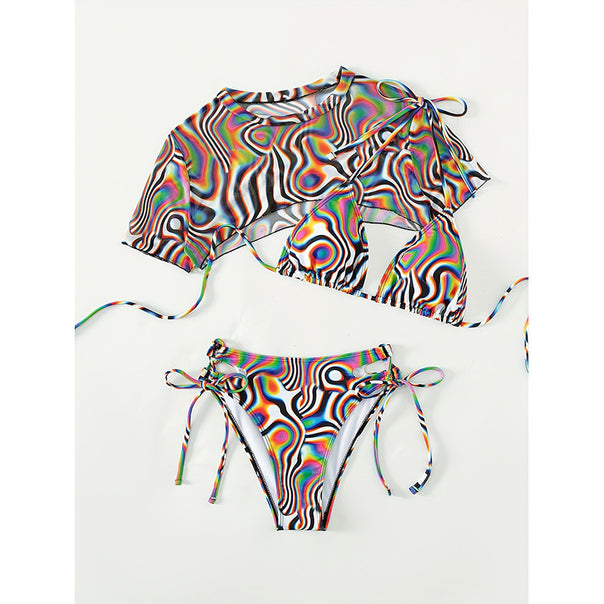 Women Triangular Bikini with Casual Crop Top Blouse Mune Fashion