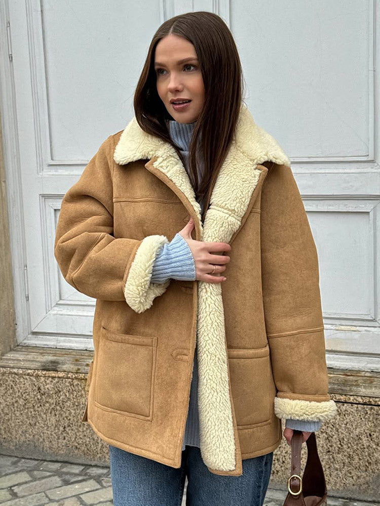 Women's Boxy Lambskin Look Coat with Folded Teddy Collar Mune Fashion