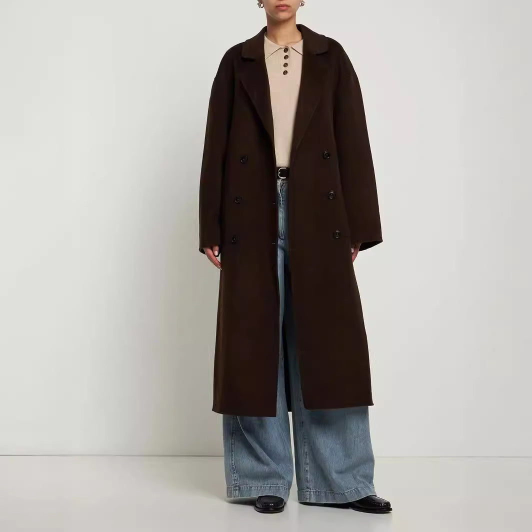 Women Oversize Double-breasted Long Coat with Dropped Shoulder Silhouette and Gold Decorative Buttons Mune Fashion