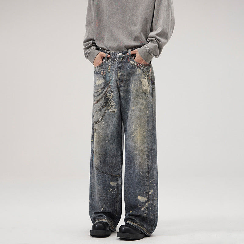Men's Loose Fit Stonewashed Denim Jeans with Chain Print, Color Splatter and Floor-Length Hem Mune Fashion