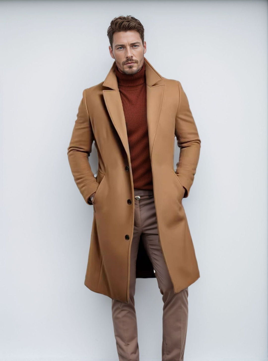 Men's long wool blend coat with bouclé texture, tailored silhouette and classic lapel Mune Fashion