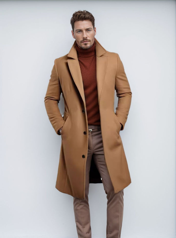 Men's long wool blend coat with bouclé texture, tailored silhouette and classic lapel Mune Fashion