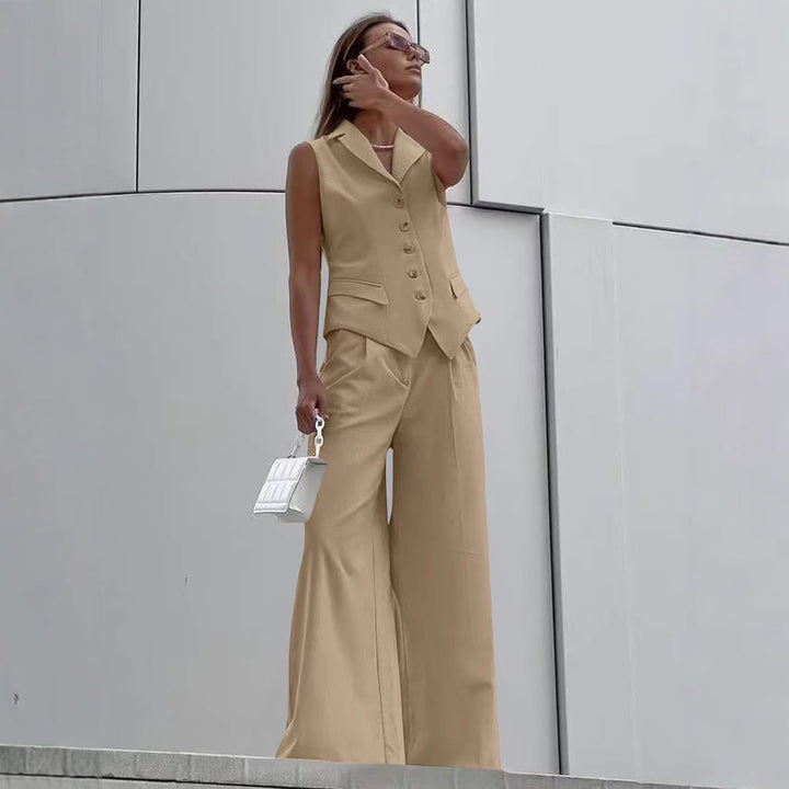 Women Sleeveless Tailoring Two-Piece with Fitted Vest and Wide Marlene Pants Mune Fashion