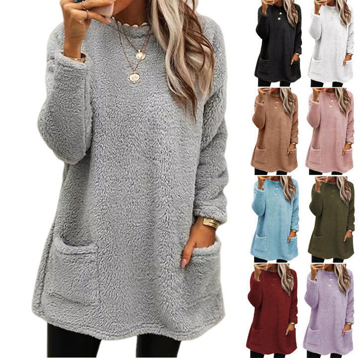 Women's cozy long teddy sweater oversized with round neck and slit pockets Mune Fashion