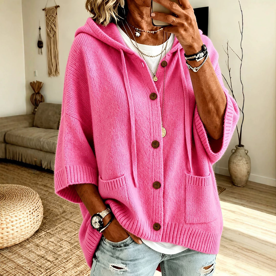 Women's Oversize Hooded Cardigan with Wooden Buttons and Boxy Silhouette Mune Fashion