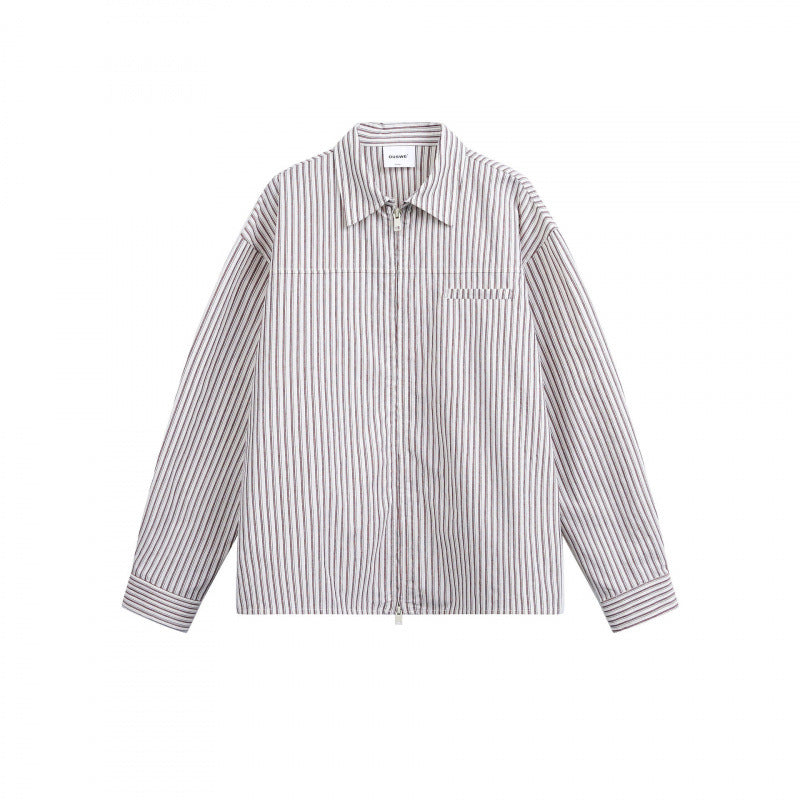 Women Striped Oversized Shirt Jacket with Concealed Zipper and Chest Pocket Mune Fashion
