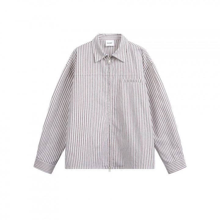 Women Striped Oversized Shirt Jacket with Concealed Zipper and Chest Pocket Mune Fashion