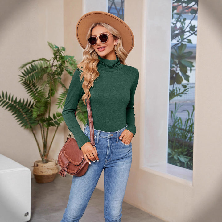 Women Fitted Stretch Jersey Turtleneck Top with Long Sleeve