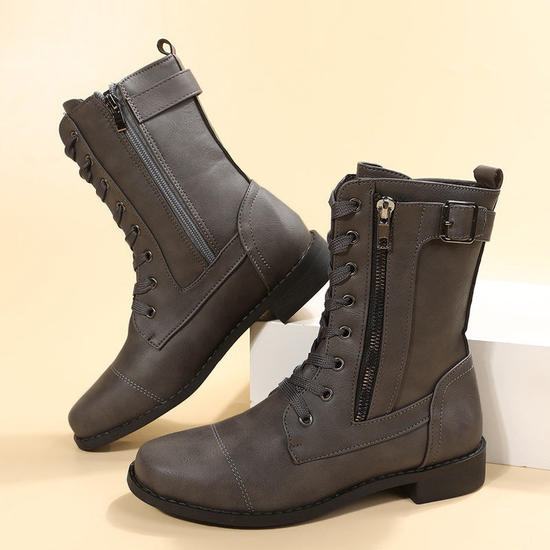 Women's ankle-high laced combat ankle boots with side double zipper and adjustable buckle strap Mune Fashion