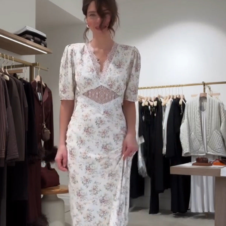 Women Romantic Maxi Dress in Flowing Satin with Lace Cut-Out & Puff Sleeves Mune Fashion
