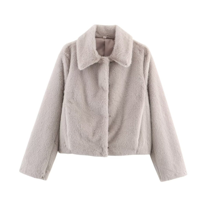 Women's Cropped Faux Fur Blouson with Lapel Collar and Soft Teddy Faux Fur Mune Fashion