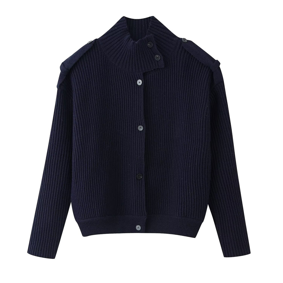 Women’s structured knit cardigan with stand-up collar, button placket and shoulder patches Mune Fashion