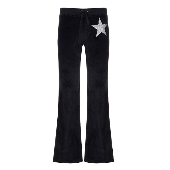 Women's soft velour flared pants with rhinestone decorative star and drawstring waistband Mune Fashion