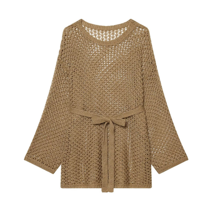 Women's Loose Crochet Cardigan with Waist Belt and 3/4 Sleeves Mune Fashion