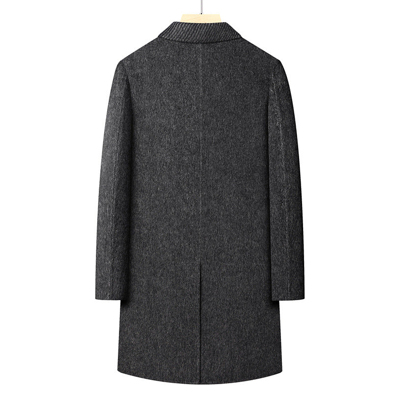 Men's Long Double-Breasted Wool Blend Coat with Textured Lapel Mune Fashion