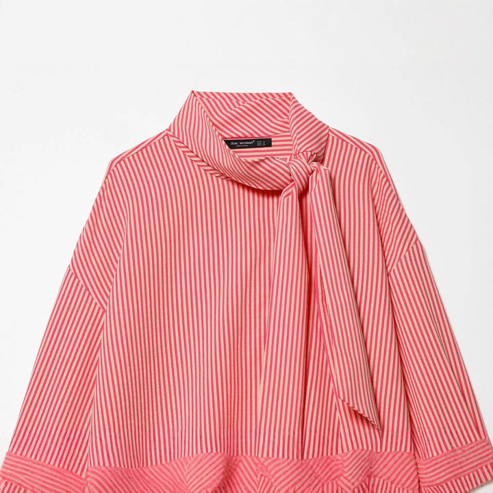 Women's feminine pull-on blouse with decorative bow, loose oversized cut and fine stripe pattern Mune Fashion