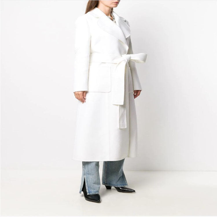 Women’s Floor-Length Wrap Coat made of Wool-Cashmere Blend with Wide Shawl Collar and Large Patch Pockets Mune Fashion