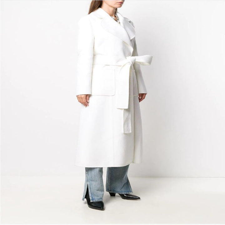 Women’s Floor-Length Wrap Coat made of Wool-Cashmere Blend with Wide Shawl Collar and Large Patch Pockets Mune Fashion