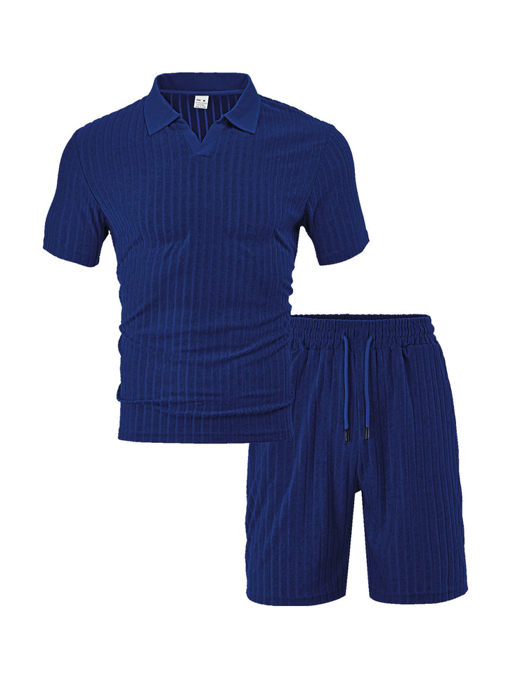 Men's knit lounge ensemble with polo collar V-insert and drawstring bermudas Mune Fashion