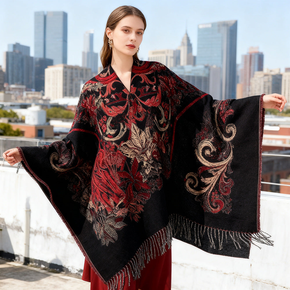 Women Ornamental Jacquard Cape‑Style Throw with Fringed Hem Mune Fashion