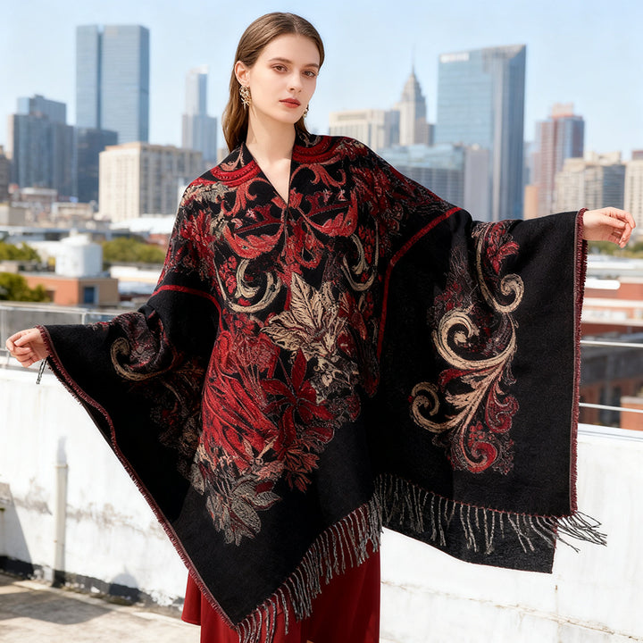 Women Ornamental Jacquard Cape‑Style Throw with Fringed Hem Mune Fashion