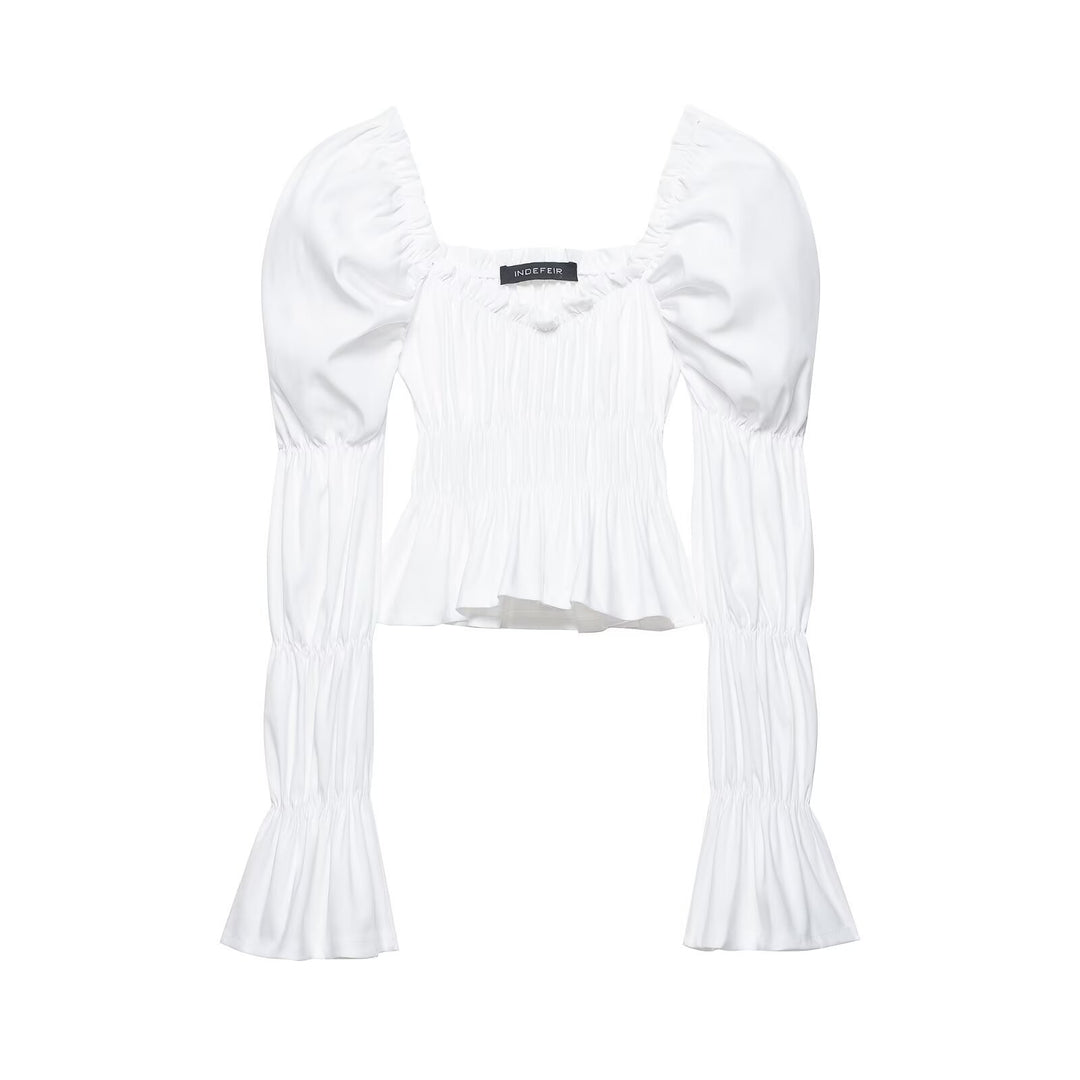 Women's Ruched Carmen Crop Top with Puff Sleeves, Smocked Waist and Tiered Sleeves Mune Fashion