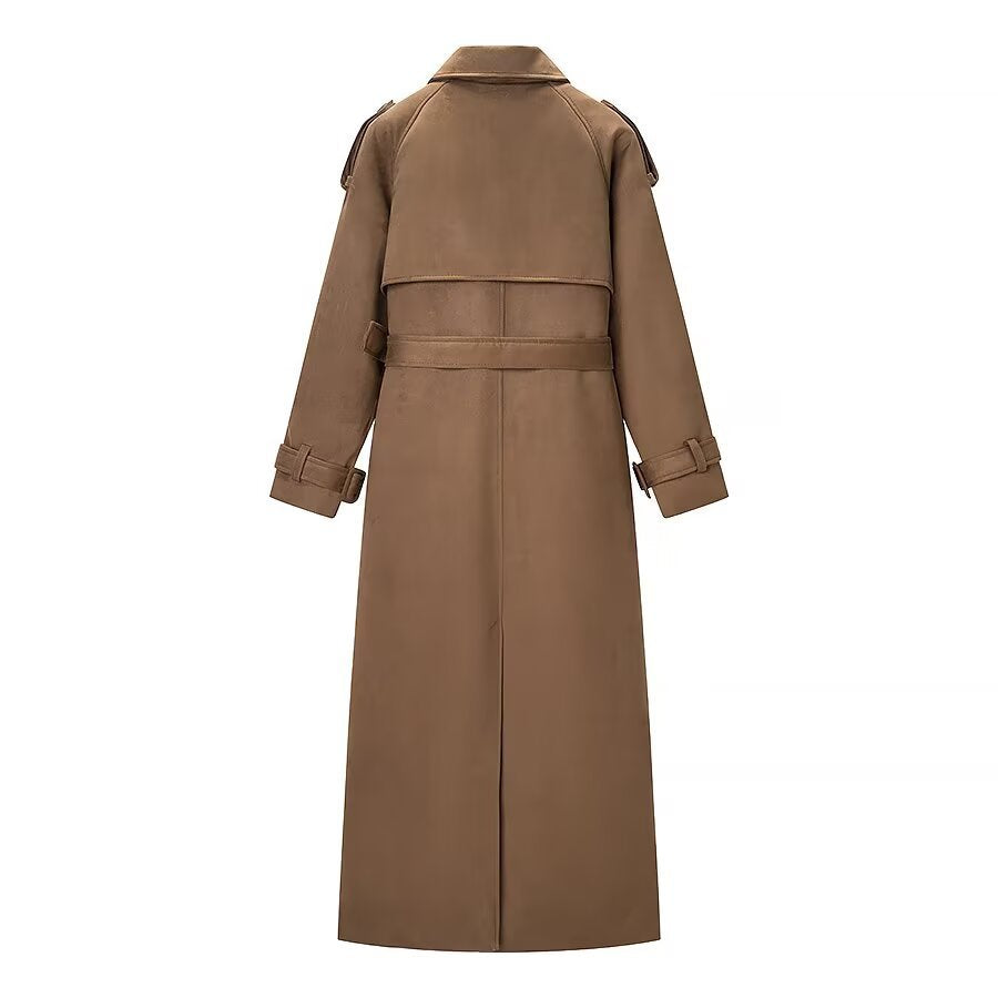 Women's Elegant Long Waist Trench Coat with Double-Breasted Button Placket and Flared Hem Mune Fashion